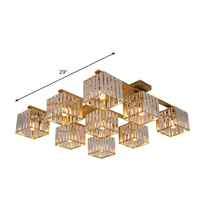 Square Crystal Rod Ceiling Light Fixture - Modern Semi Flush Mount with Tri-Sided Design (4/6/9 Lights) in Gold/Black for Living Room