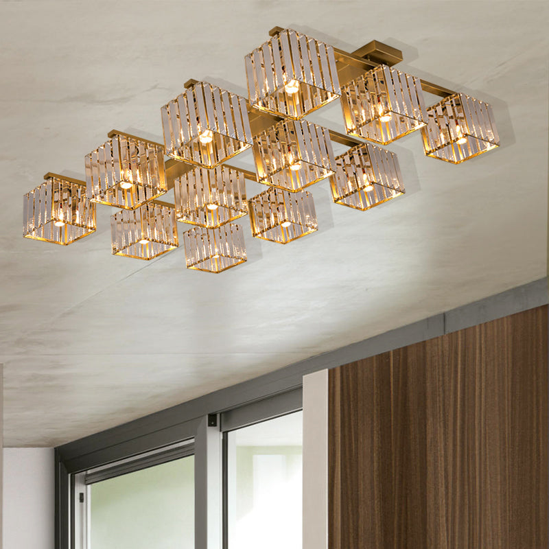 Square Crystal Rod Ceiling Light Fixture - Modern Semi Flush Mount with Tri-Sided Design (4/6/9 Lights) in Gold/Black for Living Room
