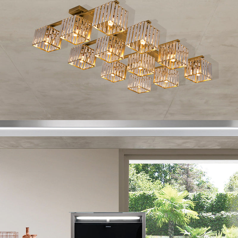 Square Crystal Rod Ceiling Light Fixture - Modern Semi Flush Mount with Tri-Sided Design (4/6/9 Lights) in Gold/Black for Living Room