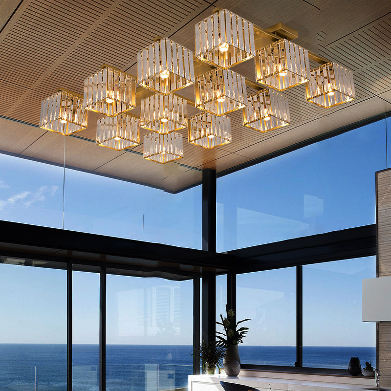 Square Crystal Rod Ceiling Light Fixture - Modern Semi Flush Mount with Tri-Sided Design (4/6/9 Lights) in Gold/Black for Living Room