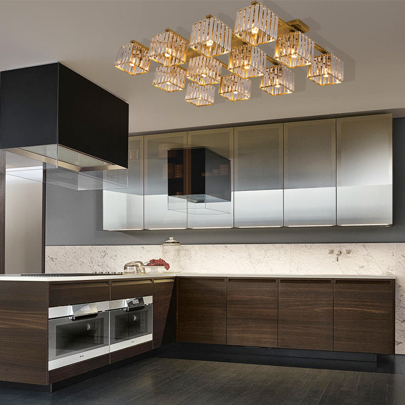 Square Crystal Rod Ceiling Light Fixture - Modern Semi Flush Mount with Tri-Sided Design (4/6/9 Lights) in Gold/Black for Living Room