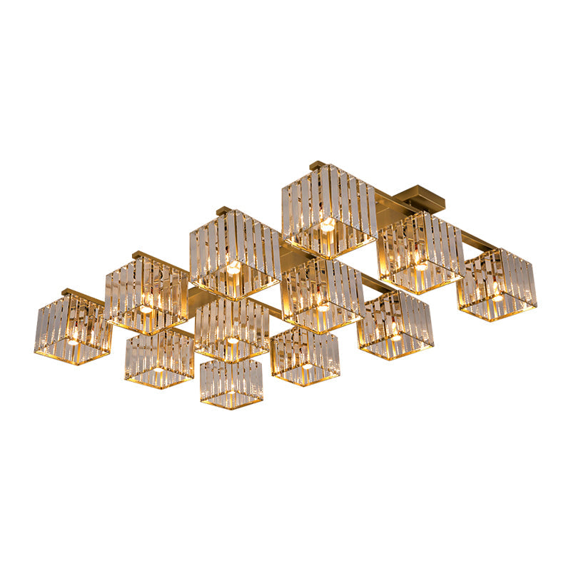 Square Crystal Rod Ceiling Light Fixture - Modern Semi Flush Mount with Tri-Sided Design (4/6/9 Lights) in Gold/Black for Living Room