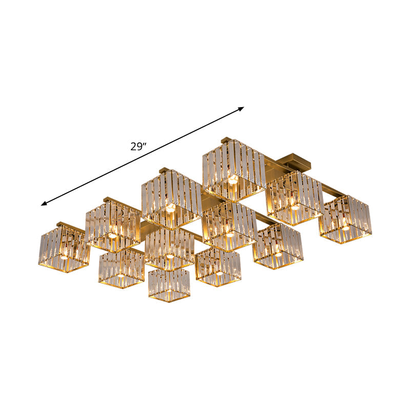 Square Crystal Rod Ceiling Light Fixture - Modern Semi Flush Mount with Tri-Sided Design (4/6/9 Lights) in Gold/Black for Living Room