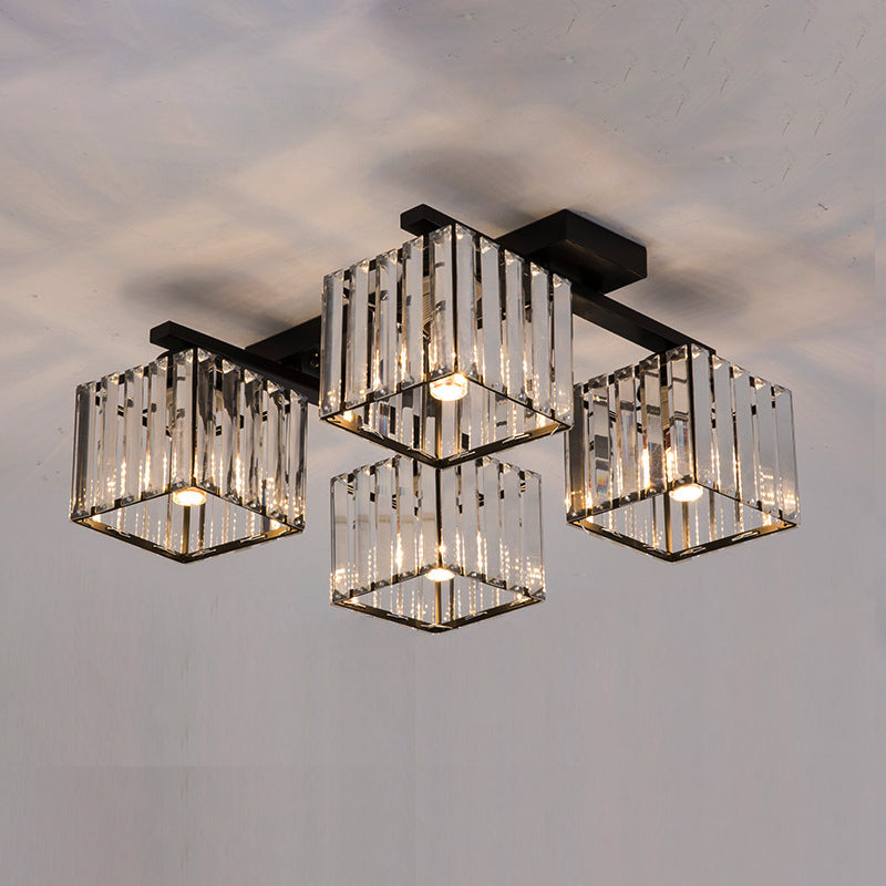 Square Crystal Rod Ceiling Light Fixture - Modern Semi Flush Mount with Tri-Sided Design (4/6/9 Lights) in Gold/Black for Living Room