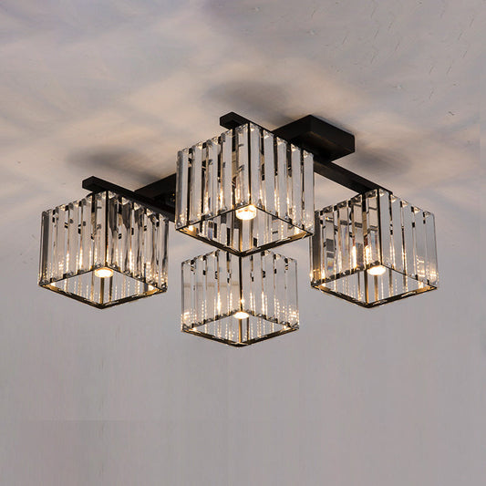 Square Crystal Rod Ceiling Light Fixture - Modern Semi Flush Mount with Tri-Sided Design (4/6/9 Lights) in Gold/Black for Living Room