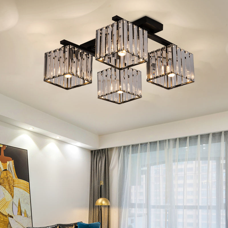 Square Crystal Rod Ceiling Light Fixture - Modern Semi Flush Mount with Tri-Sided Design (4/6/9 Lights) in Gold/Black for Living Room