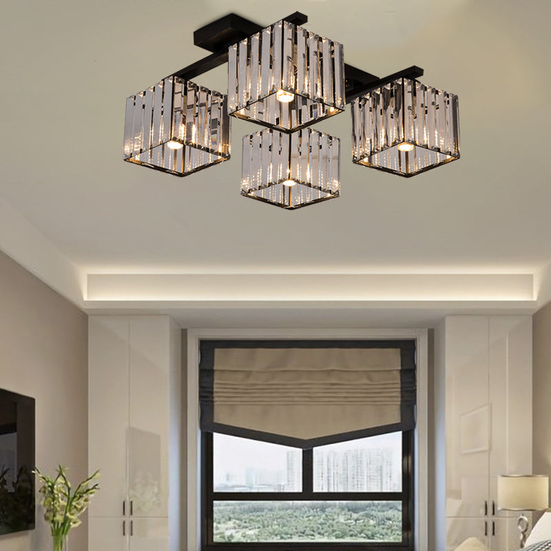 Square Crystal Rod Ceiling Light Fixture - Modern Semi Flush Mount with Tri-Sided Design (4/6/9 Lights) in Gold/Black for Living Room
