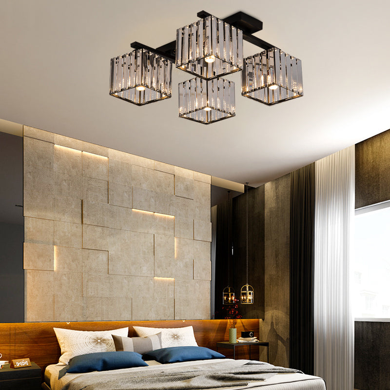 Square Crystal Rod Ceiling Light Fixture - Modern Semi Flush Mount with Tri-Sided Design (4/6/9 Lights) in Gold/Black for Living Room