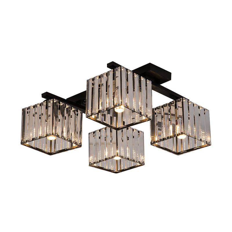 Square Crystal Rod Ceiling Light Fixture - Modern Semi Flush Mount with Tri-Sided Design (4/6/9 Lights) in Gold/Black for Living Room