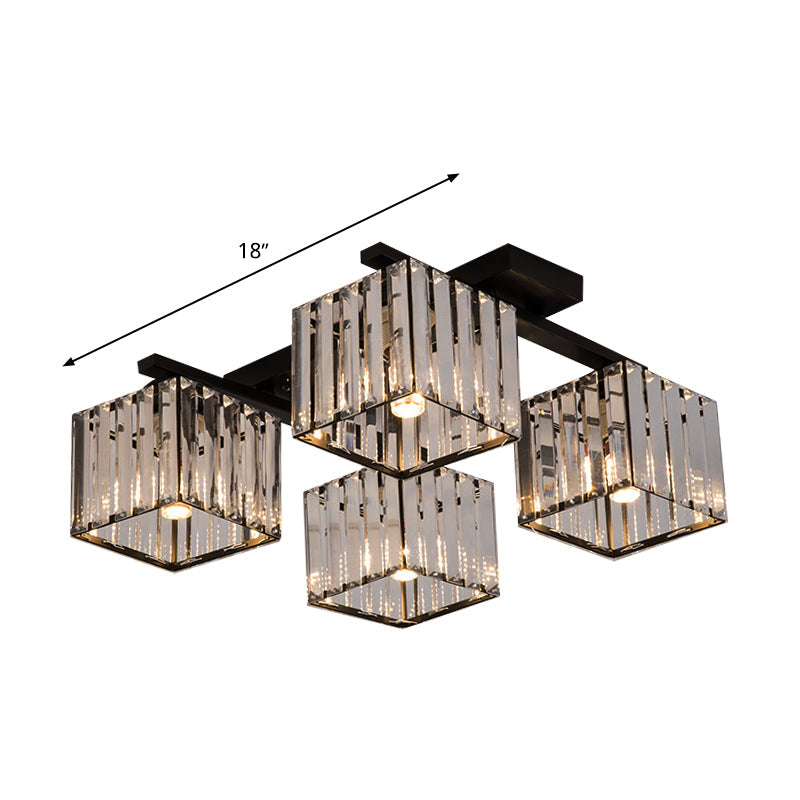 Square Crystal Rod Ceiling Light Fixture - Modern Semi Flush Mount with Tri-Sided Design (4/6/9 Lights) in Gold/Black for Living Room