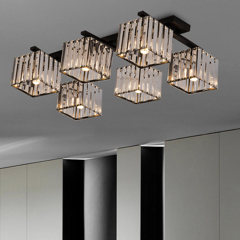 Square Crystal Rod Ceiling Light Fixture - Modern Semi Flush Mount with Tri-Sided Design (4/6/9 Lights) in Gold/Black for Living Room