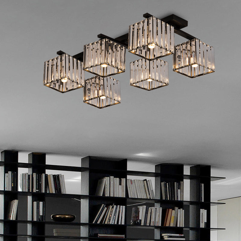 Square Crystal Rod Ceiling Light Fixture - Modern Semi Flush Mount with Tri-Sided Design (4/6/9 Lights) in Gold/Black for Living Room