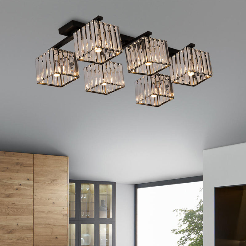 Square Crystal Rod Ceiling Light Fixture - Modern Semi Flush Mount with Tri-Sided Design (4/6/9 Lights) in Gold/Black for Living Room