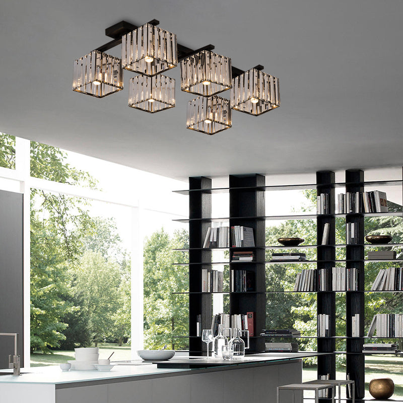 Square Crystal Rod Ceiling Light Fixture - Modern Semi Flush Mount with Tri-Sided Design (4/6/9 Lights) in Gold/Black for Living Room