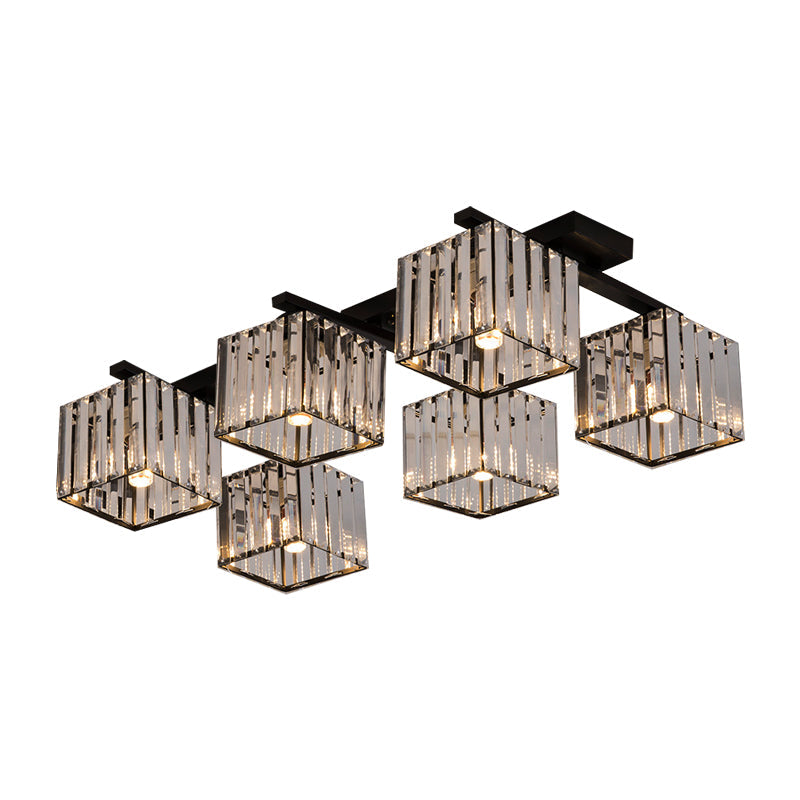 Square Crystal Rod Ceiling Light Fixture - Modern Semi Flush Mount with Tri-Sided Design (4/6/9 Lights) in Gold/Black for Living Room