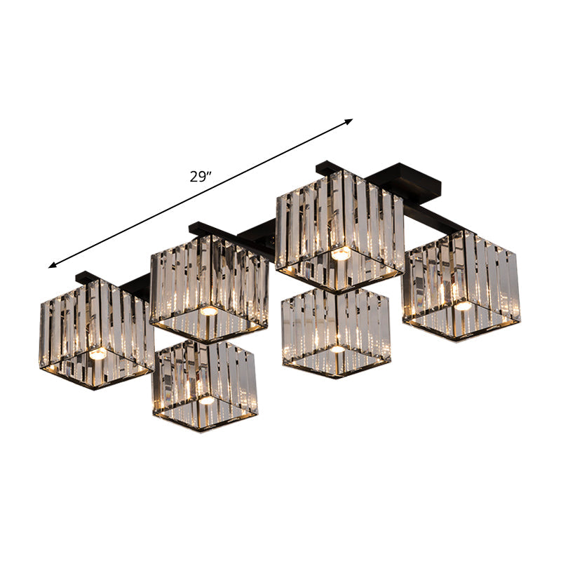 Square Crystal Rod Ceiling Light Fixture - Modern Semi Flush Mount with Tri-Sided Design (4/6/9 Lights) in Gold/Black for Living Room