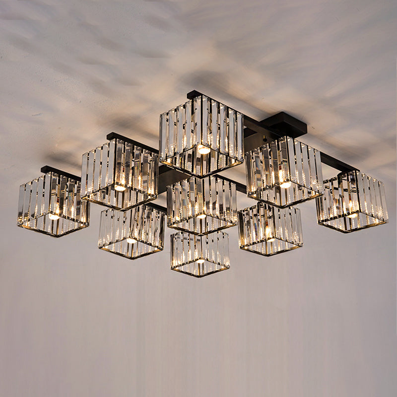 Square Crystal Rod Ceiling Light Fixture - Modern Semi Flush Mount with Tri-Sided Design (4/6/9 Lights) in Gold/Black for Living Room