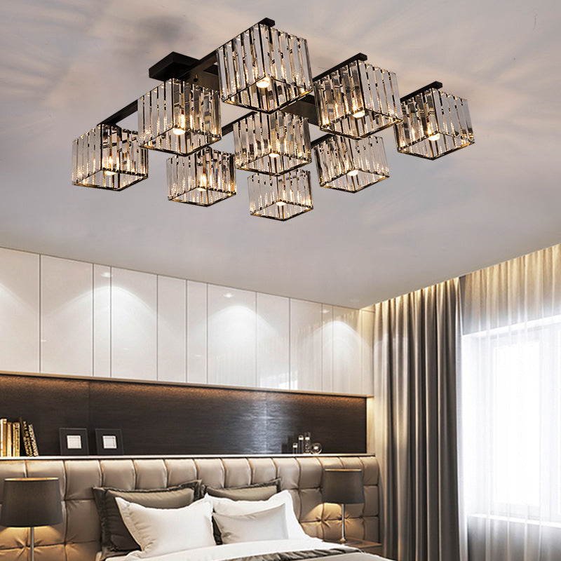 Square Crystal Rod Ceiling Light Fixture - Modern Semi Flush Mount with Tri-Sided Design (4/6/9 Lights) in Gold/Black for Living Room