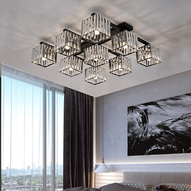Square Crystal Rod Ceiling Light Fixture - Modern Semi Flush Mount with Tri-Sided Design (4/6/9 Lights) in Gold/Black for Living Room