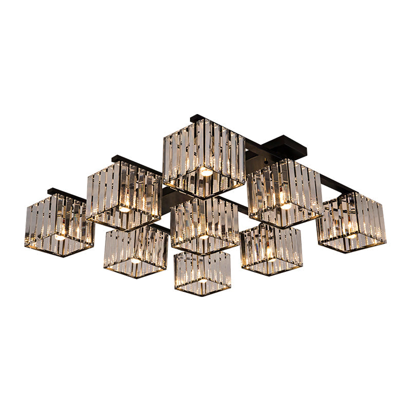 Square Crystal Rod Ceiling Light Fixture - Modern Semi Flush Mount with Tri-Sided Design (4/6/9 Lights) in Gold/Black for Living Room