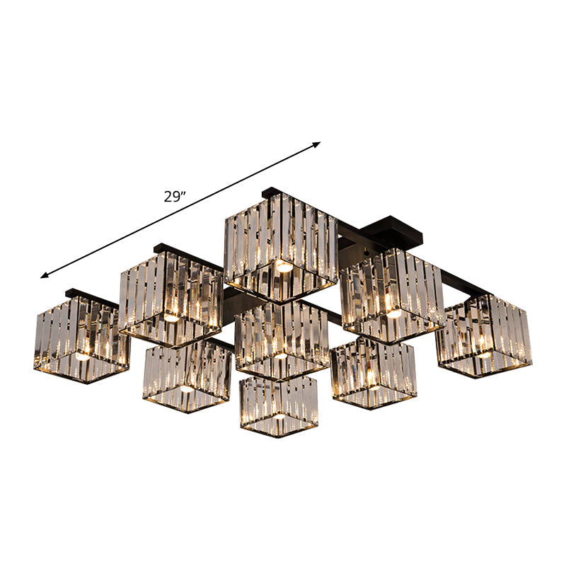 Square Crystal Rod Ceiling Light Fixture - Modern Semi Flush Mount with Tri-Sided Design (4/6/9 Lights) in Gold/Black for Living Room