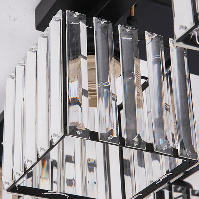 Square Crystal Rod Ceiling Light Fixture - Modern Semi Flush Mount with Tri-Sided Design (4/6/9 Lights) in Gold/Black for Living Room