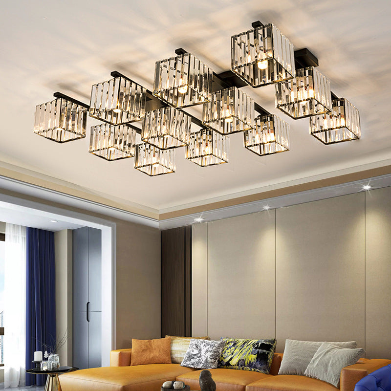 Square Crystal Rod Ceiling Light Fixture - Modern Semi Flush Mount with Tri-Sided Design (4/6/9 Lights) in Gold/Black for Living Room