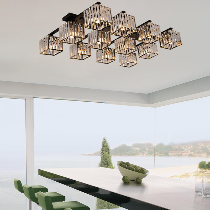 Square Crystal Rod Ceiling Light Fixture - Modern Semi Flush Mount with Tri-Sided Design (4/6/9 Lights) in Gold/Black for Living Room