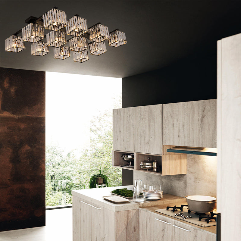 Square Crystal Rod Ceiling Light Fixture - Modern Semi Flush Mount with Tri-Sided Design (4/6/9 Lights) in Gold/Black for Living Room