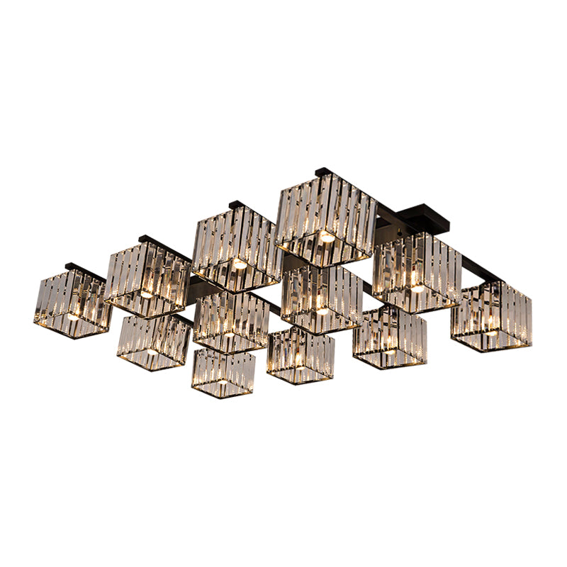 Square Crystal Rod Ceiling Light Fixture - Modern Semi Flush Mount with Tri-Sided Design (4/6/9 Lights) in Gold/Black for Living Room