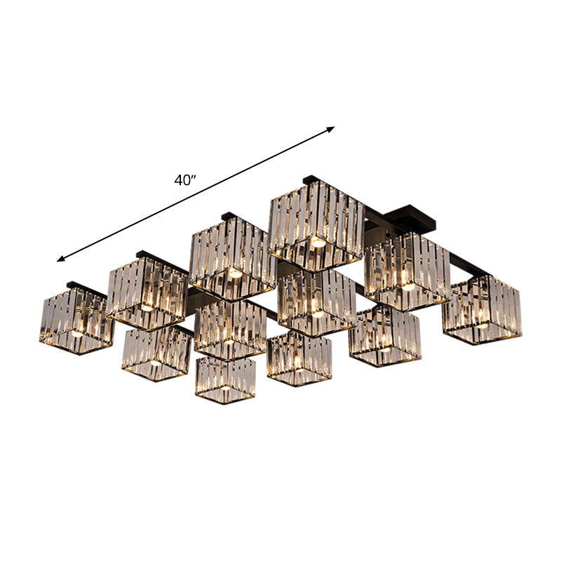 Square Crystal Rod Ceiling Light Fixture - Modern Semi Flush Mount with Tri-Sided Design (4/6/9 Lights) in Gold/Black for Living Room