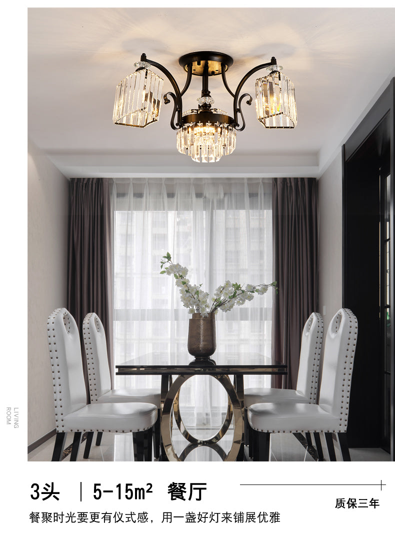 Modern Geometric Ceiling Mounted Fixture with Crystal Rods and 3 Black Flush Lights in White Illumination
