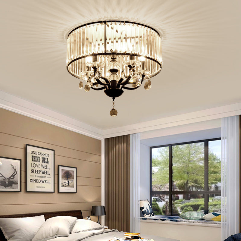 Contemporary 4-Head Semi Flush Crystal Light Fixture: Round Block Design in Black with White Light