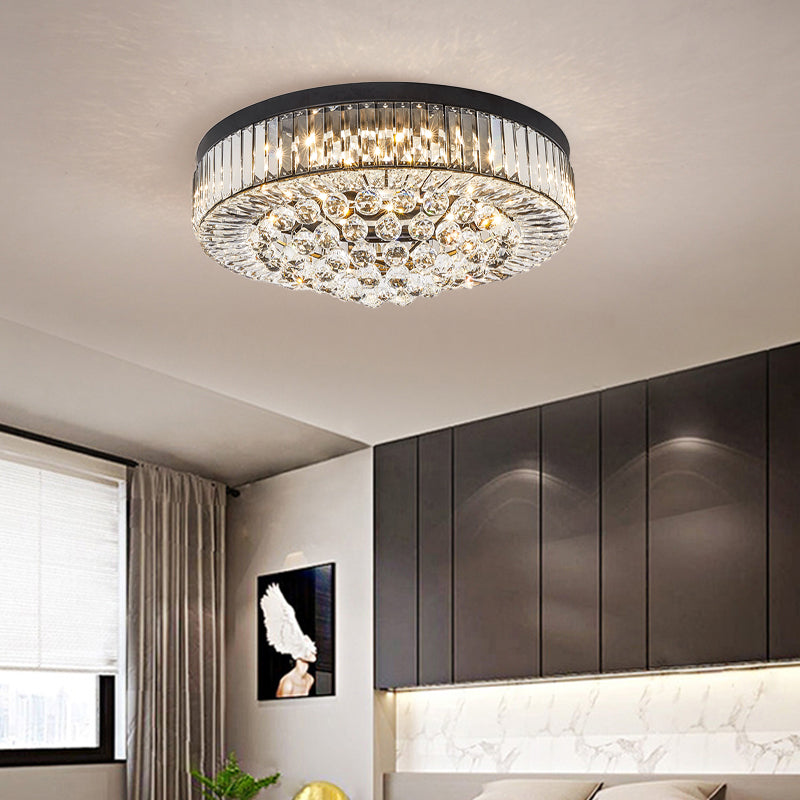 Modern Black LED Crystal Block Drum Ceiling Light, Stepless Dimming, 3 Color Light + Remote Control