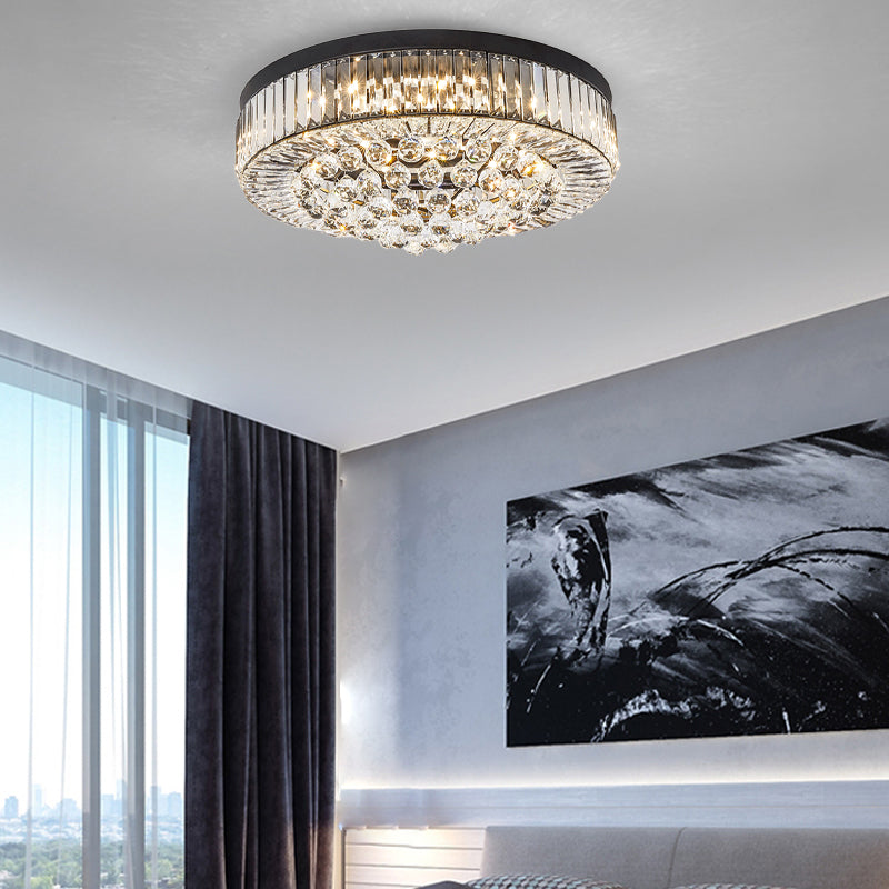 Modern Black LED Crystal Block Drum Ceiling Light, Stepless Dimming, 3 Color Light + Remote Control