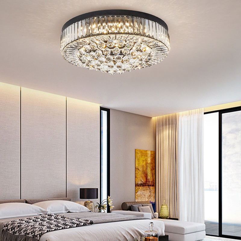 Modern Black LED Crystal Block Drum Ceiling Light, Stepless Dimming, 3 Color Light + Remote Control