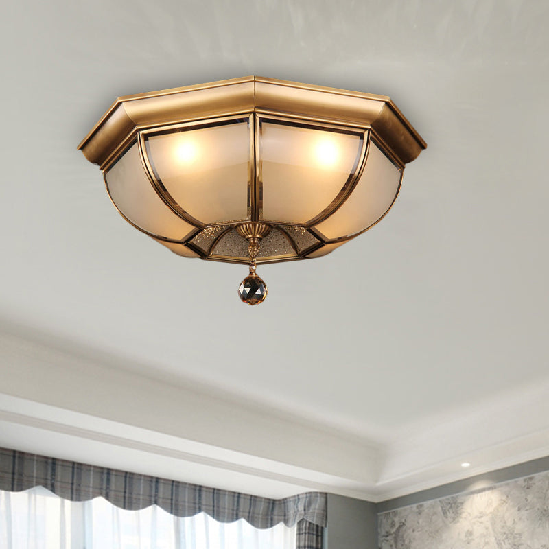 Postmodern Frosted Glass Dome Ceiling Mount Fixture, 3/4 Heads Brass Flush Mount Lighting with Crystal Drop for Living Room