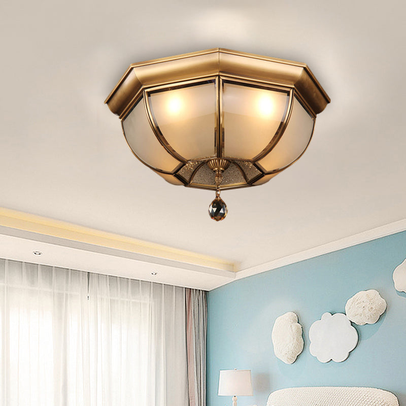 Postmodern Frosted Glass Dome Ceiling Mount Fixture, 3/4 Heads Brass Flush Mount Lighting with Crystal Drop for Living Room