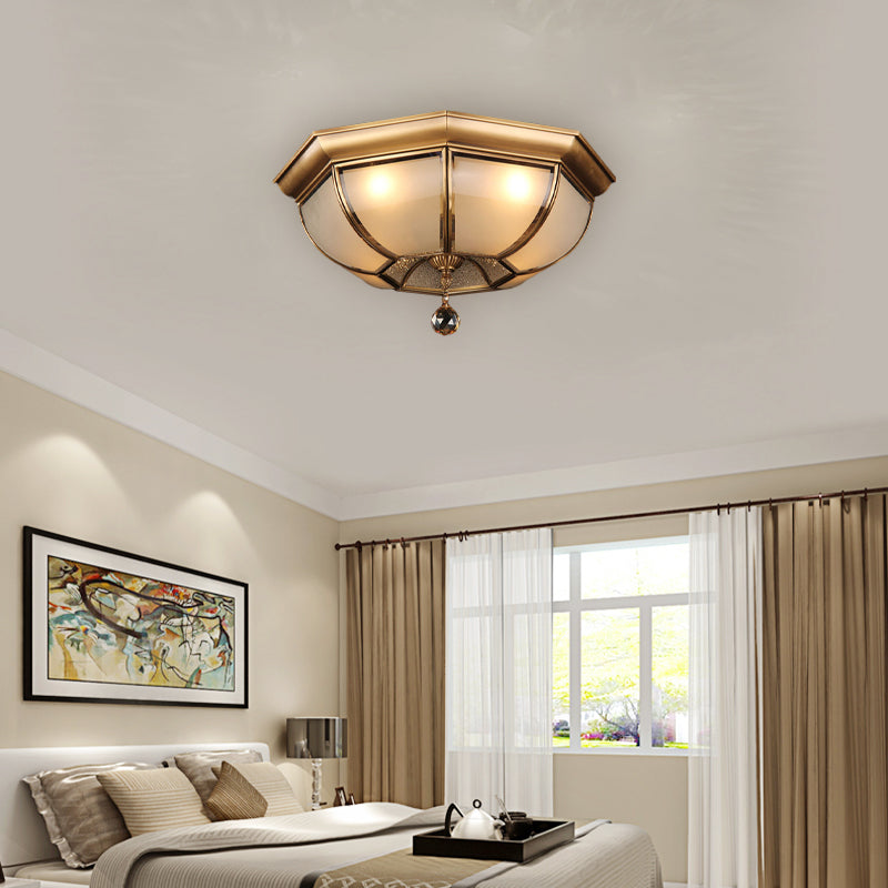 Postmodern Frosted Glass Dome Ceiling Mount Fixture, 3/4 Heads Brass Flush Mount Lighting with Crystal Drop for Living Room