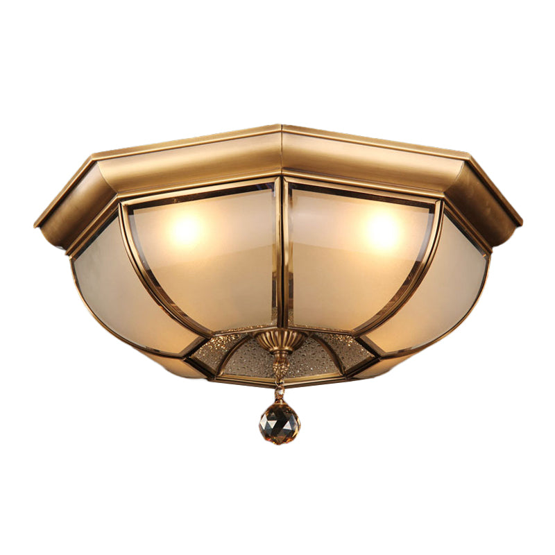 Postmodern Frosted Glass Dome Ceiling Mount Fixture, 3/4 Heads Brass Flush Mount Lighting with Crystal Drop for Living Room