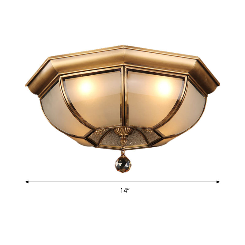 Postmodern Frosted Glass Dome Ceiling Mount Fixture, 3/4 Heads Brass Flush Mount Lighting with Crystal Drop for Living Room