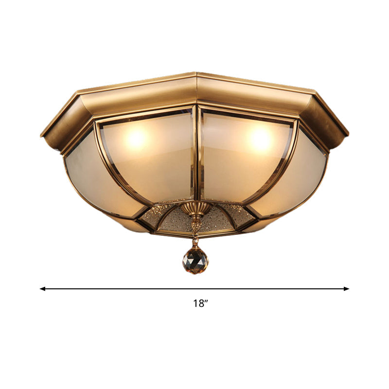 Postmodern Frosted Glass Dome Ceiling Mount Fixture, 3/4 Heads Brass Flush Mount Lighting with Crystal Drop for Living Room