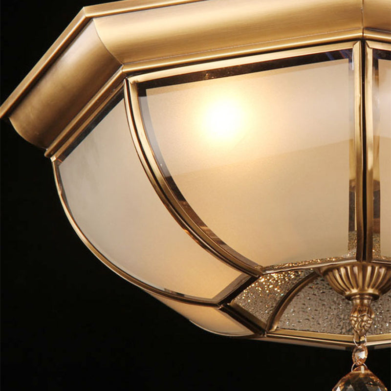 Postmodern Frosted Glass Dome Ceiling Mount Fixture, 3/4 Heads Brass Flush Mount Lighting with Crystal Drop for Living Room