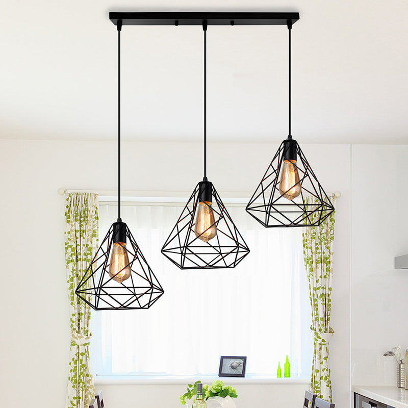 Vintage Metal 3-Light Black Diamond Ceiling Chandelier for Dining Room Pendant Lighting with Round/Linear Canopy