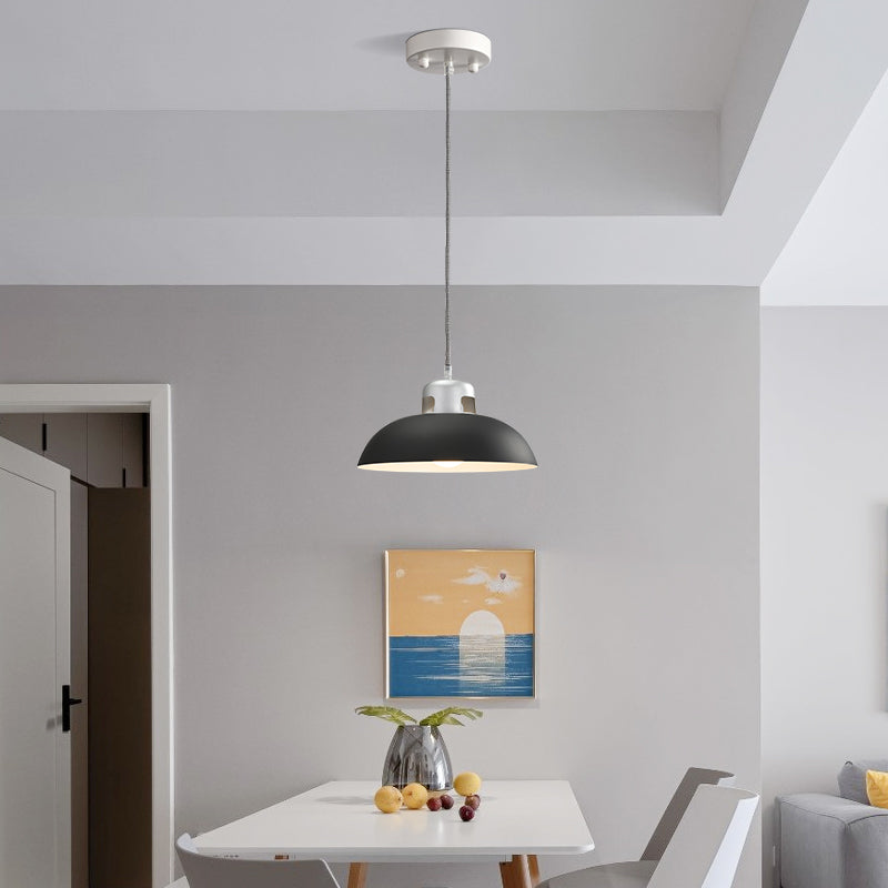 Vintage Metal Hanging Pendant Lamp with Domed Shade - 1 Light for Dining Room - Black/Grey/White