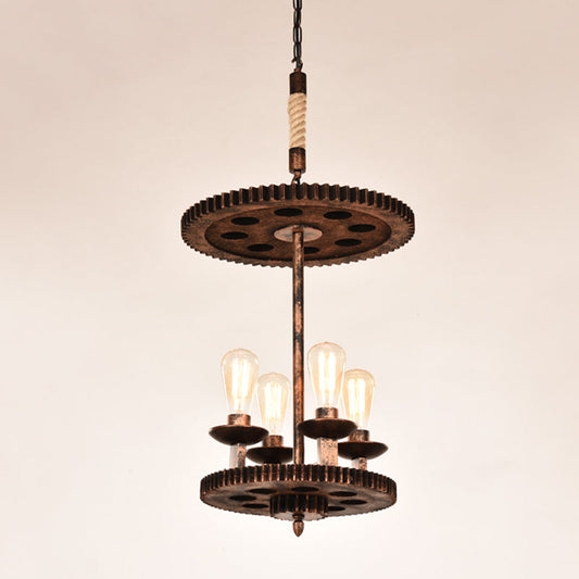 Rustic Copper Pendant Lamp - 4-Light Farmhouse Chandelier with Exposed Bulbs & Gear Deco