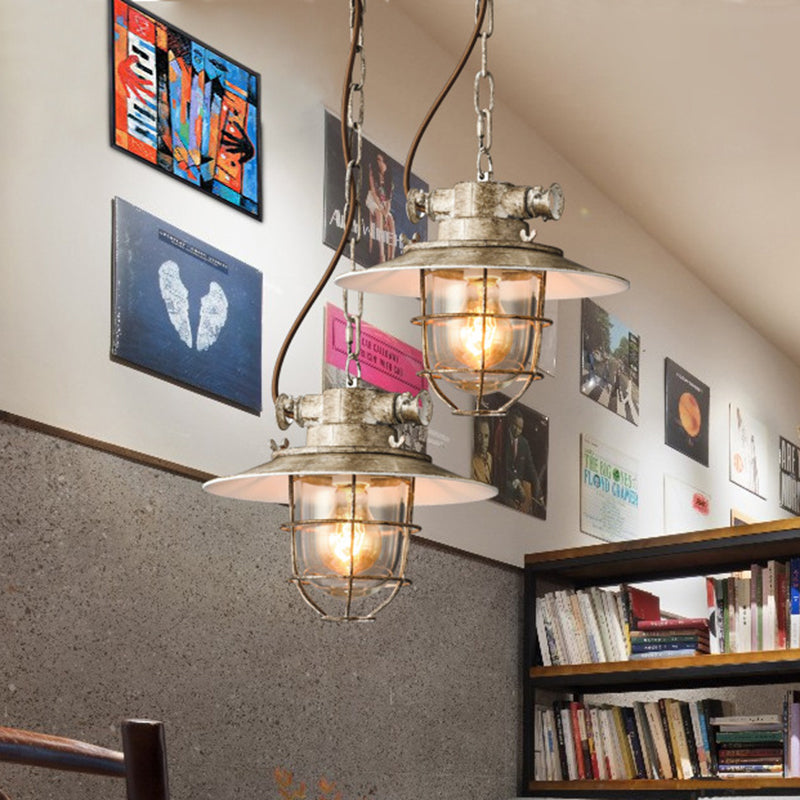 Lampe à suspension industrielle en métal avec large évasement et cage en blanc/bleu