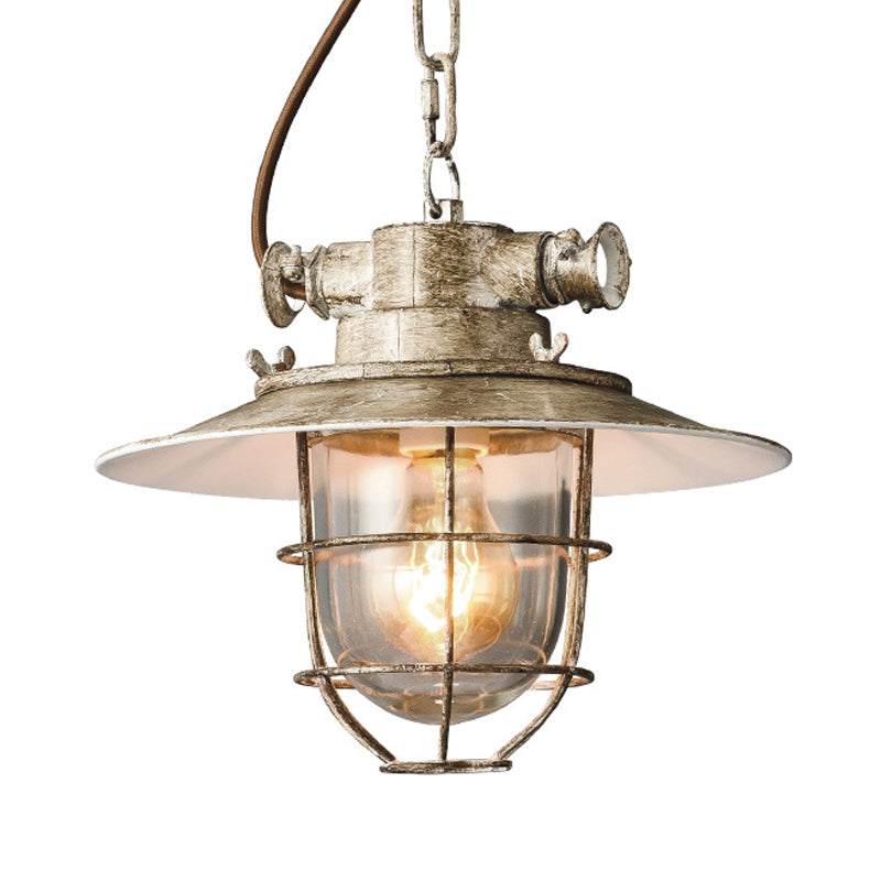 Lampe à suspension industrielle en métal avec large évasement et cage en blanc/bleu