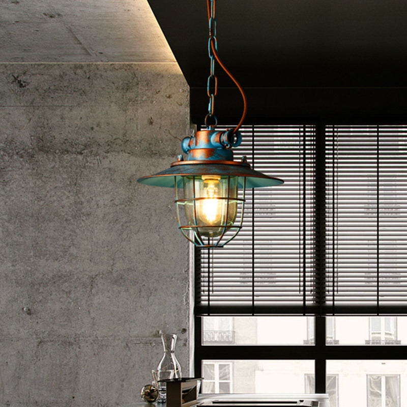 Lampe à suspension industrielle en métal avec large évasement et cage en blanc/bleu