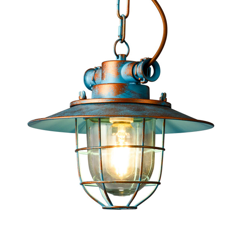 Lampe à suspension industrielle en métal avec large évasement et cage en blanc/bleu
